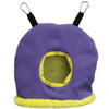A purple canvas Snuggle Sack bird hideaway with yellow fleece trim and interior, featuring top hanging clips, isolated against a white background.