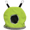 A lime green canvas Snuggle Sack bird hideaway with grey fleece trim and dark interior lining, featuring top hanging clips, isolated against a white background.