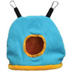 A light blue canvas Snuggle Sack bird hideaway with yellow trim and orange fleece interior, featuring top hanging clips, isolated against a white background.