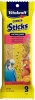 Retail packaging pouch for Vitakraft Crunch Sticks Variety Pack parakeet treats featuring graphics of three treat sticks, a parakeet, honey, an egg, and an apple, isolated against a white background.