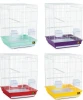 A multi-variety product photo displaying four Economy Parakeet and Cockatiel Cages with white wire frames and colored bases in mint green, purple, red, and yellow, isolated against a white background.