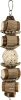 A hanging natural multi-texture bird toy featuring stacked wood cylinders wrapped in corrugated cardboard, woven palm leaves, and a central sola ball, isolated against a white background.