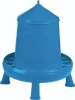A blue plastic poultry feeder with an anti-waste tray and elevated legs, isolated against a white background.