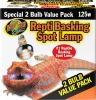 Retail box for Zoo Med Repti Basking Spot Lamp 125W 2-Bulb Value Pack with an image of a bearded dragon, isolated against a white background.