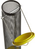 A top-angle view showing the yellow cap sliding off the top of a black mesh Nyjer thistle tube bird feeder to open for refilling, isolated against a white background.