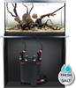 A lifestyle graphic showing a Fluval FX6 canister filter installed inside a stand beneath a glass aquarium with discus fish, isolated against a white background.