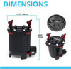 A studio product infographic titled "DIMENSIONS," centered against a solid white background with blue accent lines at the top and bottom.

Main Diagram: Features a front view of the black Fluval FX6 canister filter with measurement callouts indicating a width of 15.75" / 40 cm and a height of 20.8" / 53 cm.