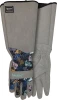 A pair of Watson Gloves Homegrown long gauntlet gardening gloves with grey extended cuffs and a dark botanical leaf pattern,