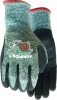 A pair of Watson kids' green marled knit work gloves featuring a sea turtle graphic and black palm coating, isolated against a white background.