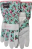 A pair of Watson Gloves Homegrown floral gauntlet gardening gloves with mint green canvas, pink rose print, and grey leather palms, isolated against a white background.