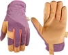 A pair of Wells Lamont ComfortHyde purple and tan leather hybrid work gloves showing front and back views, isolated against a white background.