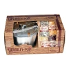 A Whirley-Pop stovetop popcorn popper kit packaged in a wood-grain gift box with four bags of Amish Country popcorn, isolated against a white background.
