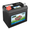 An Interstate Batteries SP-35 lawn and garden battery with a red protective terminal cap, isolated against a white background.