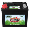 An Interstate Batteries SP-18 lawn and garden battery with a red terminal cap, isolated against a white background.