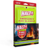 Halt Emergency Fire Blanket in a high-visibility neon yellow pouch with retail packaging, isolated against a white background.