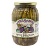 A product photo displaying a 32 oz clear glass jar of Jake & Amos Pickled Spiced Dilly Beans filled with green beans packed vertically in brine, centered against a solid white background.