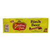 A studio product photo displaying a yellow cardboard 12-pack carton of Pennsylvania Dutch Birch Beer, centered against a solid white background.