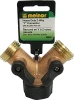 A heavy-duty brass Melnor 2-way Y hose connector with dual black shut-off valves and hang tag, isolated on a white background.