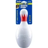 A 9-inch PetSport Kingpin Strike bowling pin-shaped dog toy mounted on a blue hanging packaging card, isolated on a white background.
