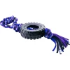A black rubber PetSport Tire Trax tire dog toy threaded on a blue, purple, and white braided rope with a handle and fringe, isolated on a white background.