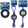 A collection of three PetSport Tire Trax black rubber tire dog toys, including single tire and tire-with-rope styles attached to blue header cards, isolated on a white background.