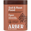 A 4 oz terracotta-colored tin container of Arber Organic Soil & Root Food with white branding and dark brown root artwork, isolated on a white background.
