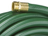 Close-up of a coiled green heavy-duty garden hose showing the solid brass male coupling and reinforced texture