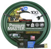 A coiled 100-foot green Swan Pressure Master heavy-duty garden hose with black strain relief collar and brass coupling