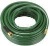 A coiled green Swan Pressure Master heavy-duty garden hose with brass end fittings and a black strain relief collar