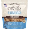 A 3 lb stand-up pouch of Wholesomes Rewards Sensitive Skin & Stomach salmon-flavored oven-baked dog treats, featuring a blue lower section and a clear window displaying the square biscuits inside, isolated on a white background.