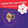 An infographic featuring a small terrier inside a heart made of mini dog treats with "better-for-you treats for all sizes and ages" text and a "less than 4 calorie per treat" badge, isolated on a white background.