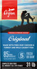 A 31 lb bag of Orijen Original dry dog food featuring a silhouetted owner and dog on a hilltop above a blue lower bag panel detailing ingredient callouts, isolated on a white background.