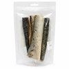 Back view of a clear resealable Maggie & Duke’s pouch containing three dried salmon skin dog chews.