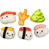 A set of six plush SPOT Sushi Take-Out cat toys including four varieties of nigiri sushi, a piece of ginger, and a swirl of green wasabi, isolated on a white background.