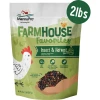 A 2 lb stand-up pouch of Manna Pro Farmhouse Favorites Insect & Harvest Blend poultry treat featuring a white chicken graphic and an illustration of hands holding the treat blend.