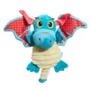 A plush blue dragon dog toy featuring large red patterned wings, horns, and a soft yellow textured belly.
