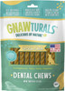 A light teal and yellow bag of Gnawturals Minced Beef Hide with Chicken Flavor Dental Chews Mini Twisted Sticks for small dogs, featuring a clear window revealing the twisted chew sticks inside.
