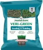 A teal bag of Jonathan Green Veri-Green Lawn Food for Seeding & Sodding featuring a 12-18-8 formula callout and before-and-after grass growth comparison photos.