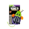 A plush KONG Refillable Halloween skeleton mouse cat toy mounted on a black and purple retail card, displayed beside a clear vial of catnip.