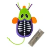 A plush Halloween skeleton mouse cat toy with a lime green head, purple body, printed ribcage, orange felt accents, and a cord tail, shown alongside a clear vial of catnip.