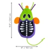 A plush Halloween skeleton mouse cat toy with a lime green head, purple body, printed ribcage, and cord tail, displaying dimension markings of 9.5 inches long by 4 inches wide.
