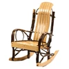 A handcrafted rustic rocking chair featuring dark, natural hickory log framing with bent branch armrests and smooth light-colored oak wooden slats on the seat, backrest, and rocking rails.