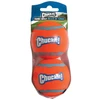 A 2-pack of Chuckit! tennis balls in retail blister packaging, featuring bright orange felt with curved blue accent stripes and the Chuckit! logo printed in blue and white.
