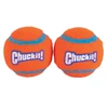 Two bright orange Chuckit! tennis balls side-by-side featuring light blue curved accent lines and the Chuckit! logo printed on the front.