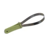 A Safari dual-sided dog shedding blade featuring a looped stainless steel blade with serrated edges and a ribbed sage green handle.