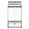 An empty Exo Terra Pro Paludarium showing the open dual front glass doors, the detached mesh top panel suspended above the frame, and an illustrated bottom drain valve with a water graphic in the base.