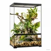 An Exo Terra Pro Paludarium (Medium X-Tall) featuring a tall glass enclosure with dual front doors, a black frame, and a fully planted bioactive ecosystem containing live ferns, bromeliads, moss, climbing branches, and a water-filled aquatic base layer with river gravel.