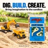 EverLast Play Sand, 0.5 cu. ft. bag, beside toy construction trucks in a sandbox with the headline “Dig. Build. Create.”
