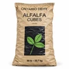 Front view of a 50 lb Ontario Dehy Non-GMO Alfalfa Cubes bag with a green leaf graphic on a white background.
