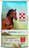 Purina Omega Match Ration Balancing Horse Feed, 40-pound bag for easy-keeping horses, featuring a brown horse and feed pellets.